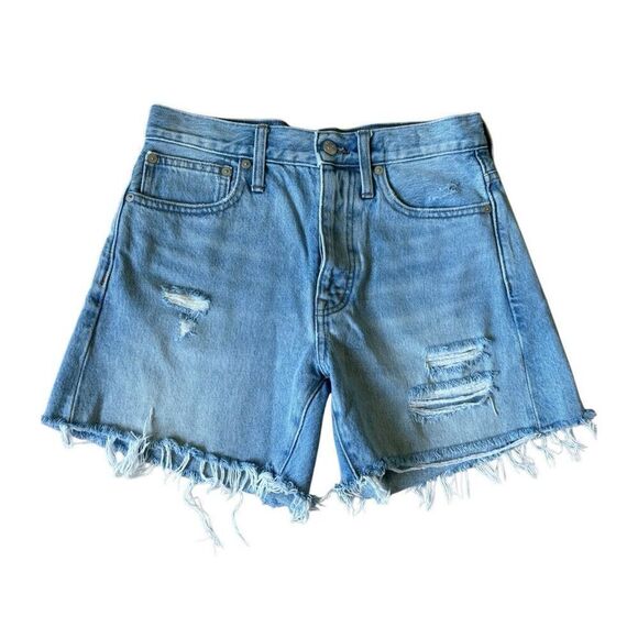 Madewell Mid Length Denim Shorts size 24 Distressed Blue Raw Hem Button Fly - Picture 1 of 9
